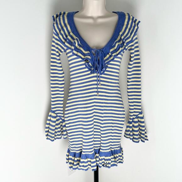 Free People Nautical Striped Knit Dress XS Blue Yellow Ruffle V Neck Long Sleeve - Picture 1 of 9